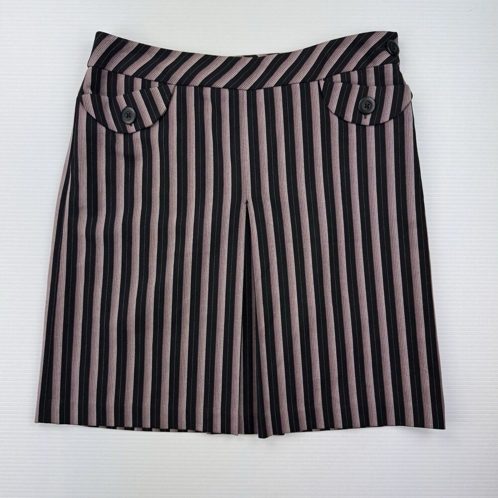 Ann Taylor Loft Skirt 8 Black Purple Stripe Button Detail Pleated Front Lined